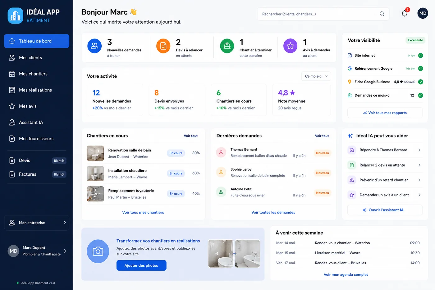 Tableau de bord Idéal Web pour les professionnels du bâtiment