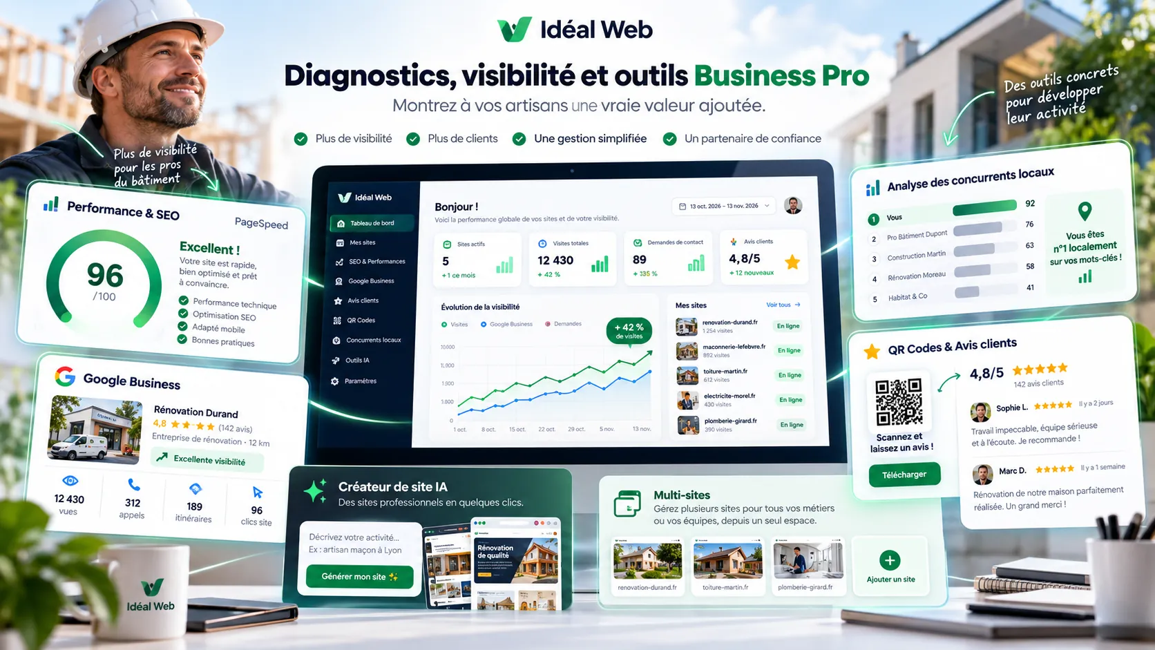 Illustration conceptuelle Business Pro : tableau de bord, audits PageSpeed et SEO, Google Business, analyse concurrentielle et avis clients.