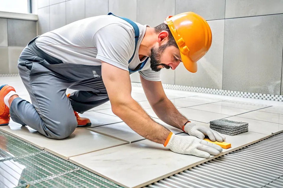 Carreleur posant du carrelage sur un chantier