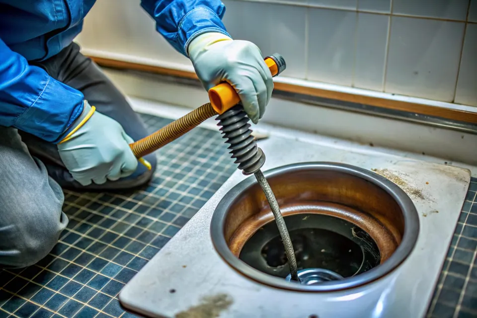 Technicien débouchant une canalisation avec un flexible