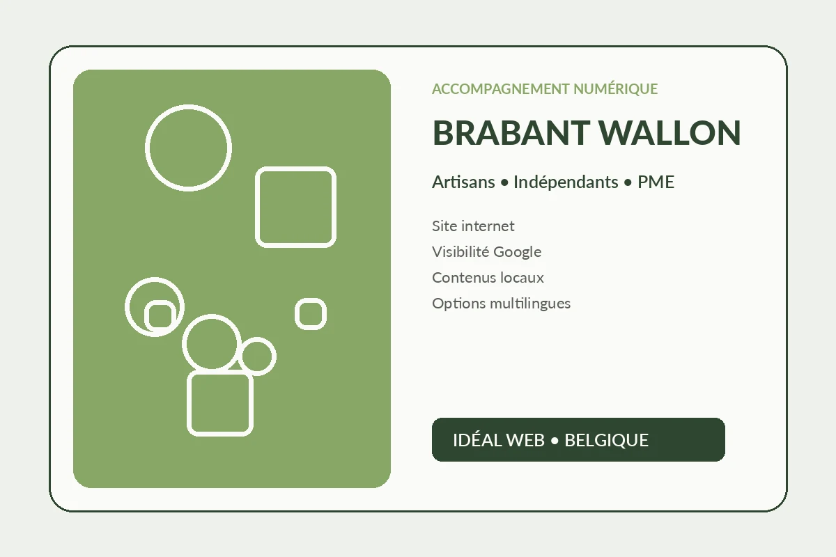 Site professionnel pour un indépendant du Brabant wallon, avec services, zone locale et contact