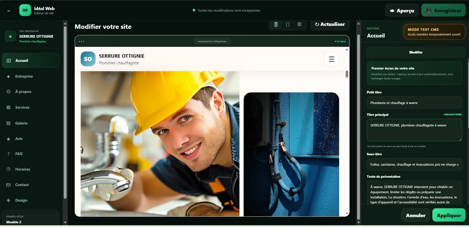 CMS Idéal Web permettant de modifier les textes, images, services et horaires d’un site sans coder